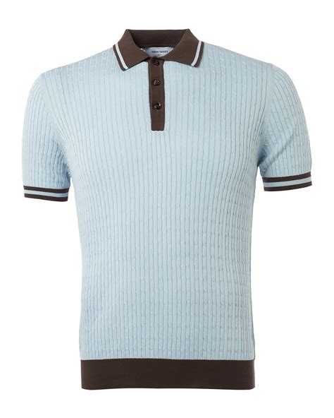 Gran Sasso Mens Blue Cable Knit Polo Shirt