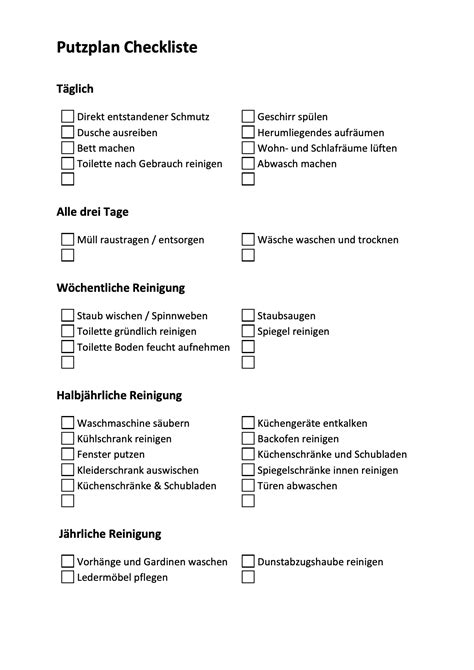 5 Putzplan Vorlagen zum Ausdrucken für Familie WG und Paare