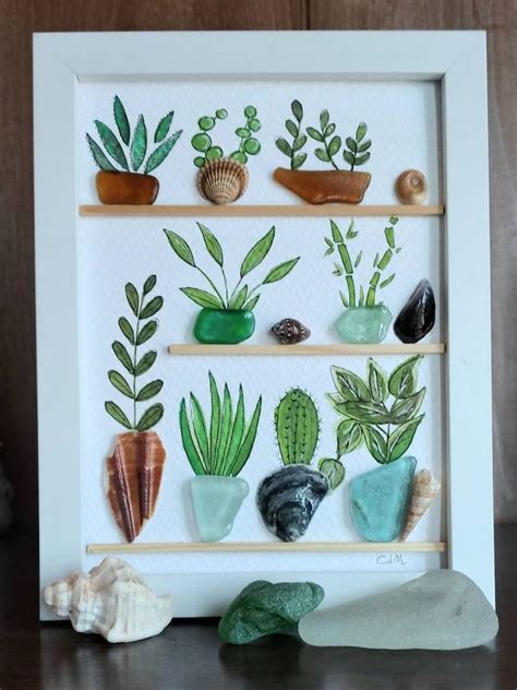 Sea Glass And Pebble Art Garden Or Greenhouse Unique Handmade Framed Sea Glass Picture Shell Art