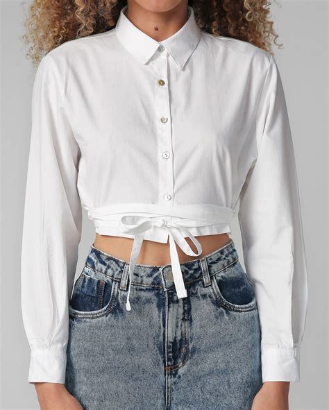 Riachuelo Camisa Cropped Feminina Manga Longa Amarração Branco Ak By