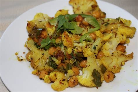 Achari Gobi Pickled Cauliflower With Garbanzo Beans And Bell Peppers