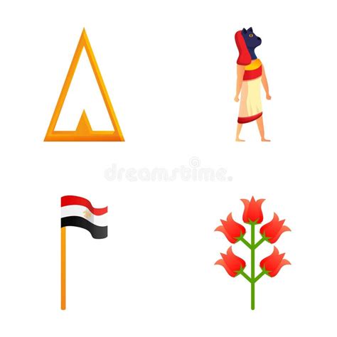 Egypt Symbol Icons Set Cartoon Vector Egyptian Deity Country Flag And