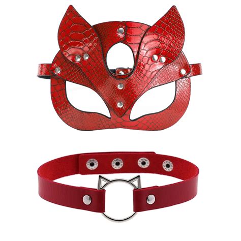 Sexy Pu Leather Cat Mask With Collar For Women Red Bondage Cat Masquerade Eye Mask Halloween