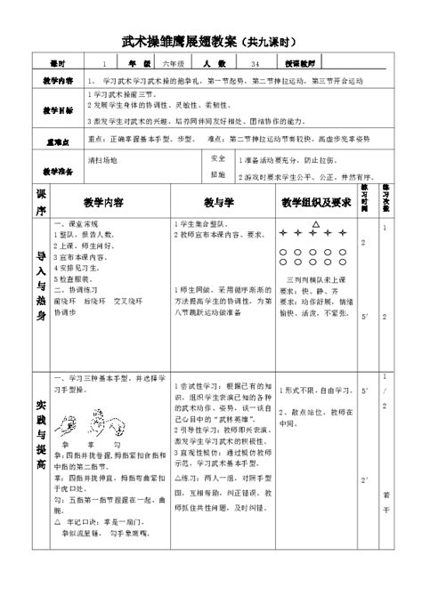 六年级体育教案 武术操雏鹰展翅 全国通用 21世纪教育网