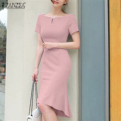 ZANZEA Korean Style Women S Elegant Asymmetric Dresses Party Club Back