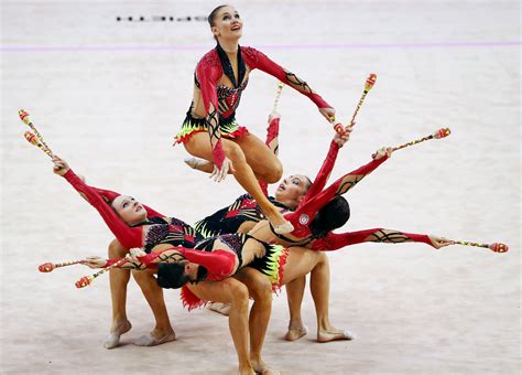 Gymnasts On The Azerbaijan Team Perform During The Group All Arround