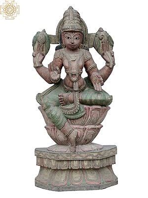 Large Lord Vishnu Seated On Throne Lifting The Pot Wooden Statue