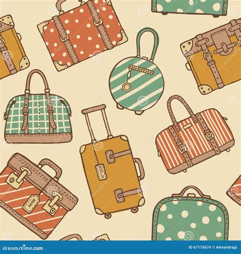 Seamless Pattern With Hand Drawn Vintage Travel Bags And Suitcases