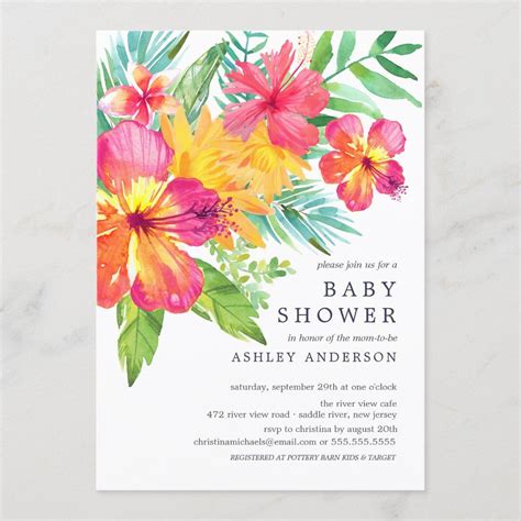 Watercolor Hibiscus Flowers Tropical Baby Shower Invitation Size 5 X