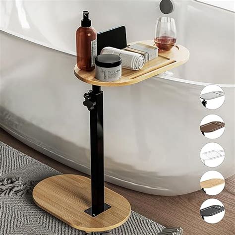 Yumkfoi Bamboo Bathtub Tray Table With Adjustable Height Freestanding