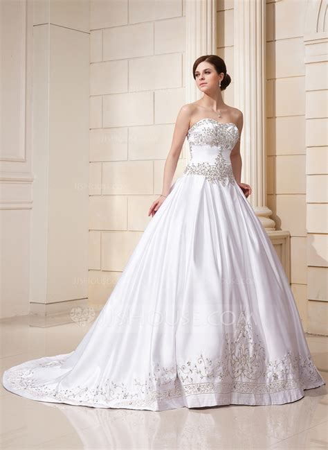 Ball Gown Sweetheart Chapel Train Satin Wedding Dress With Embroidered