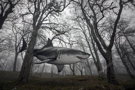 Paisaje surrealista con terrible tiburón blanco en un sombrío bosque de