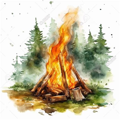 Premium Photo A Watercolor Painting Of A Campfire In The Woods With