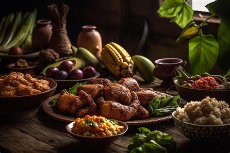 Uma Mesa Cheia De Comida Incluindo Um Prato De Comida E Uma Planta Ao