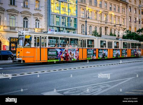 Bright Orange Trams On The Street In Budapest Stock Photo Alamy