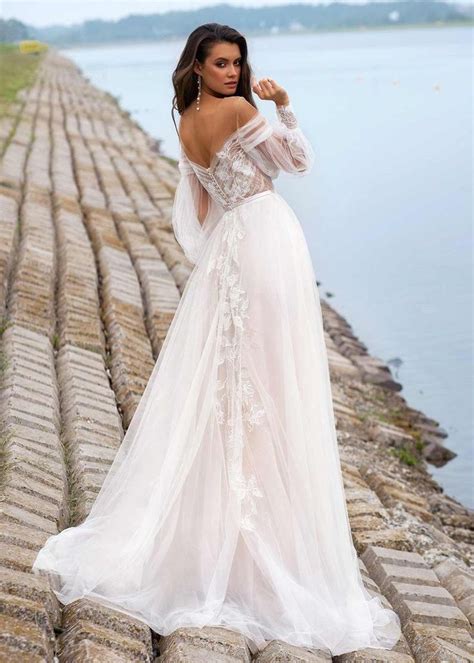 Boho A Line Puff Sleeve Wedding Dress Bohemian Long Sleeve Floral Bridal Gown Contemporary