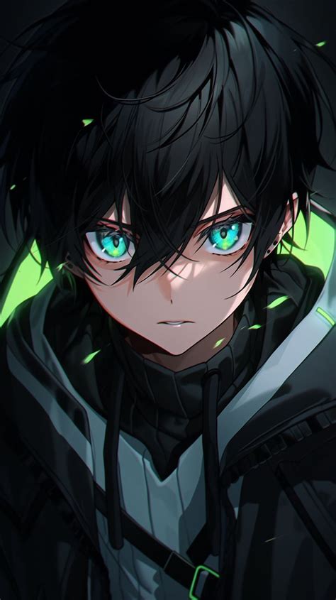 An Anime Character With Black Hair And Blue Eyes Wearing A Hoodie