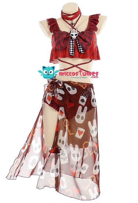 Miccostumes Gothic Punk Schwarz Rot Bikini Set Kawaii Hase Rüschen Crisscross Badeanzug