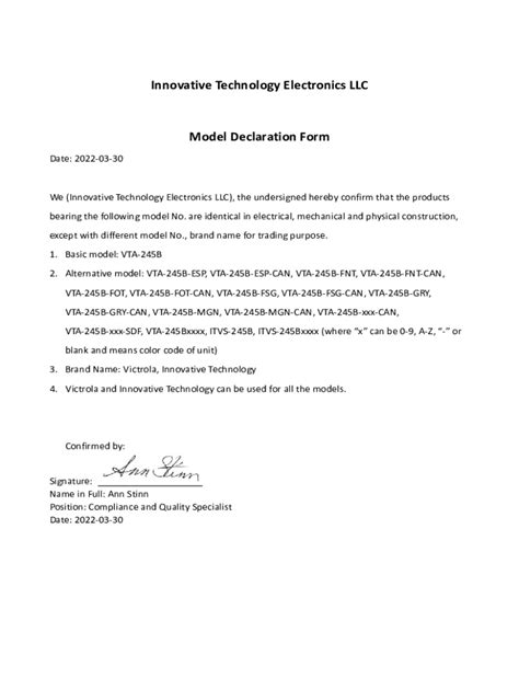 Fillable Online Vta 245b Model Declaration Form Vta 245b Model