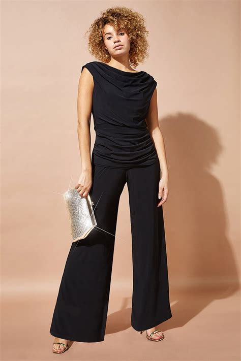 Black Cowl Neck Ruched Stretch Jumpsuit Roman Originals Uk