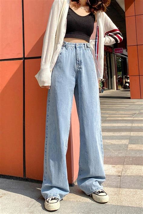 [women] High Waist Wide Leg Denim Jeans Pants Outfit Looks Korean