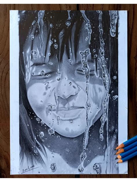 Realistic Portrait of Water Effect on Face | Graphite Pencil Medium ...