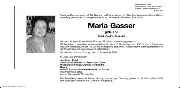 Traueranzeigen Von Maria Gasser Trauer Bz