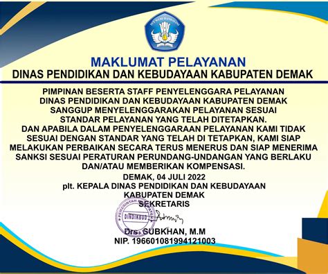 Maklumat Standar Pelayanan Dinas Pendidikan Dan Kebudayaan