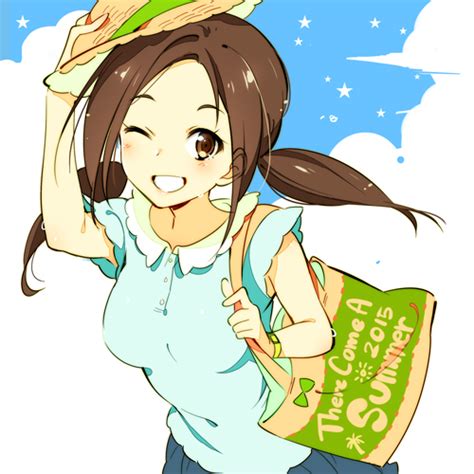 Safebooru 1girl 2015 Bag Blue Shirt Blush Breasts Brown Hair Engrish