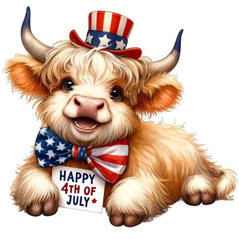 Watercolor Patriotic Highland Cows Clipart Patriotic Cow Clipart 4th