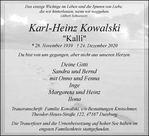 Traueranzeigen Von Karl Heinz Kowalski Trauer In Nrw De