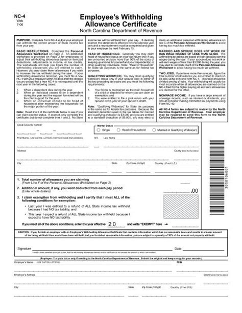 Employee S Withholding Allowance Certificate Nc Department Of