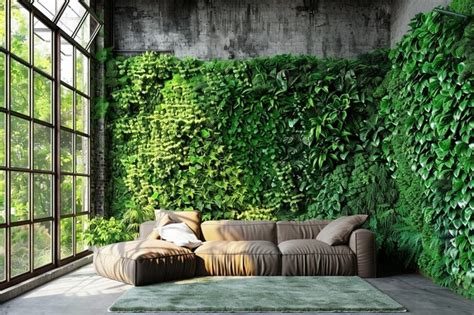 Premium Photo Loft Sofa And Green Plants On Wall