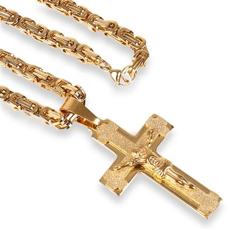 Edelstahl Königs Panzer Kette 2710 Kreuz Jesus Anhänger Massiv 75 Gold