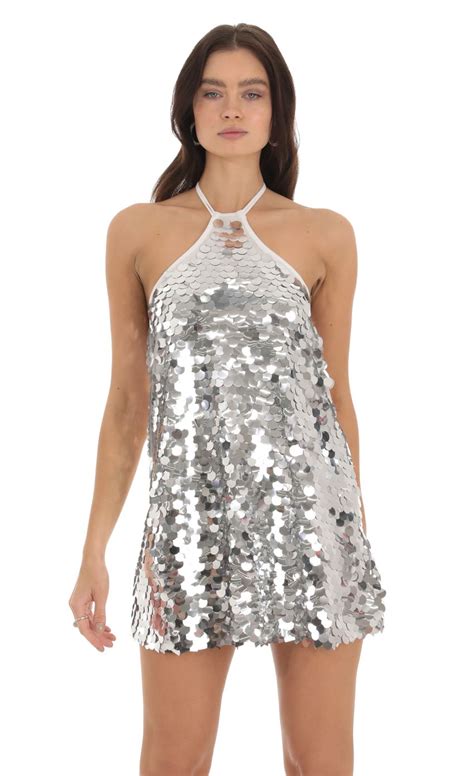 Maya Sequin Halter Dress In Silver LUCY IN THE SKY