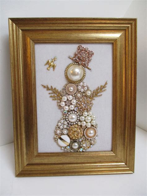 Jeweled Framed Jewelry Art Snowman Woman White Gold Rhinestone Etsy