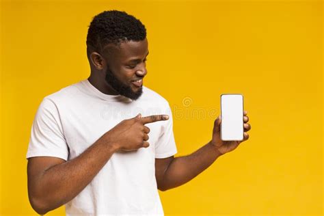 Happy Black Man Holding Latest Slim Smartphone Stock Image Image Of