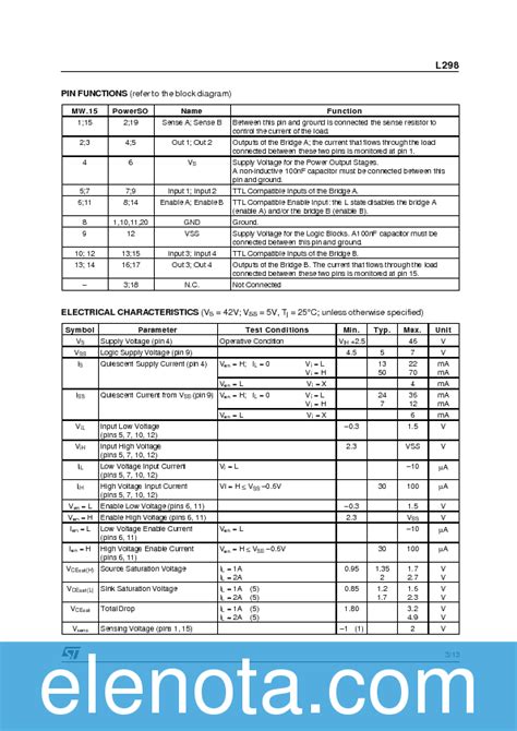 L298 Datasheet PDF (187 KB) STMicroelectronics | Pobierz z Elenota.pl