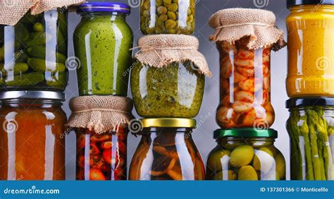 Jars With Variety Of Pickled Vegetables And Fruits Stock Photo Image