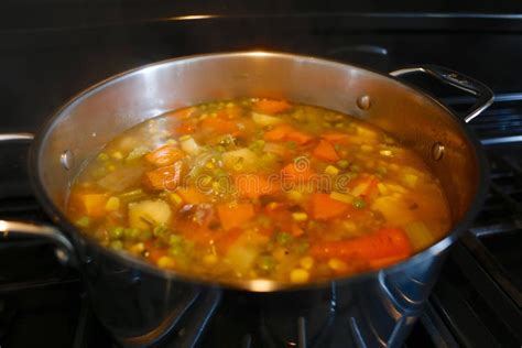 Home Made Vegetable Soup Cooking In Sauce Pan Stock Image Image Of