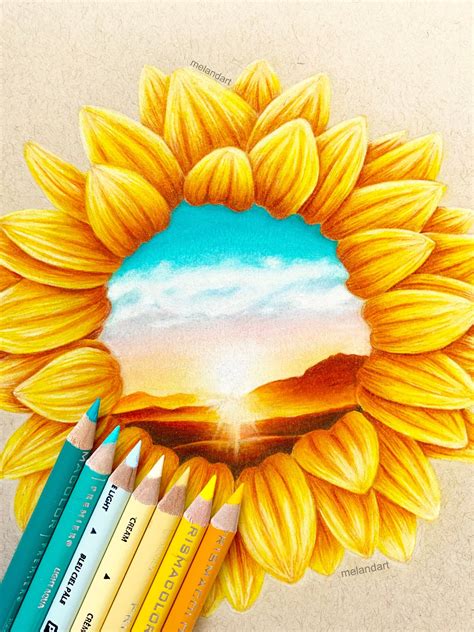 Creative Sunflower Artwork Sunflower Drawing Sunflower Artwork Colored Pencil Artwork