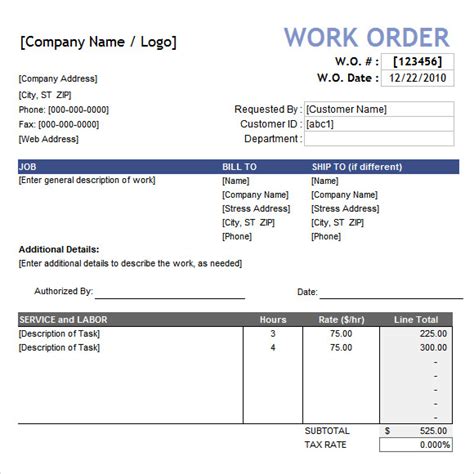 Sample Work Order 10 Documents In Word Excel Pdf