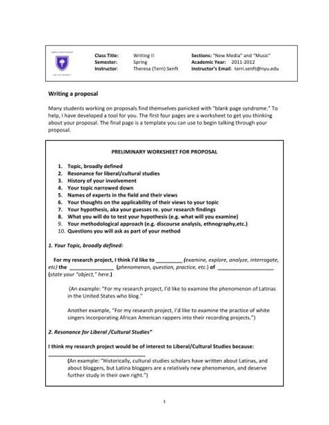 Worksheet Writing A Paper Proposal Terri Senft