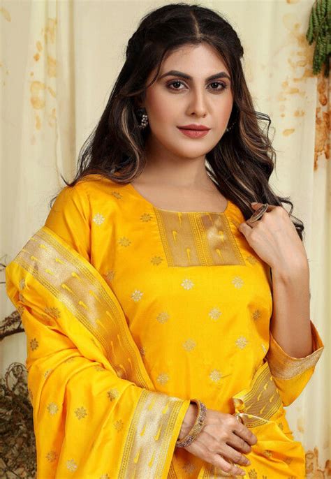 Woven Art Silk Jacquard Pakistani Suit In Mustard KBNQ4316