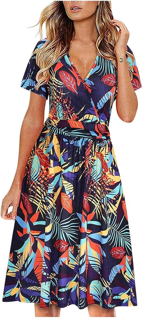 Frew Damen Sommerkleid Kurzarm Elegant V Ausschnitt Knopfleiste