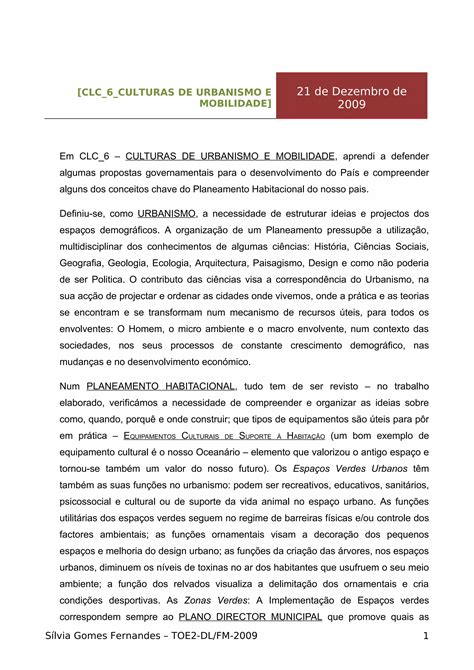 Clc Cultura De Urbanismo E Mobilidade Reflex O S Lvia Fernandes Pdf