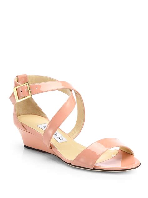 Lyst Jimmy Choo Chiara Patent Leather Wedge Sandals In Pink