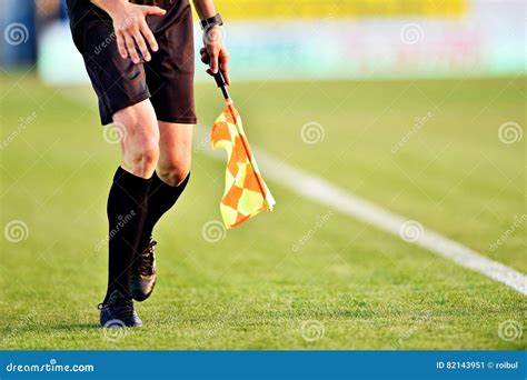 Soccer Referee With Flag On The Sideline Stock Image Image Of Stadium