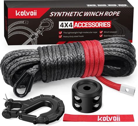 Kolvoii Synthetic Winch Rope Kit 14 X 50ft 9650lbs Winch Cable With Steel Hook Protective