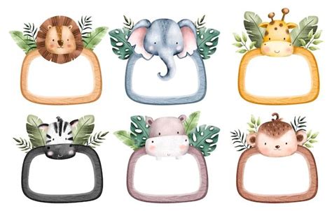 Conjunto De Molduras De Animais De Safári Em Aquarela Vetor Premium